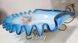 Antique VICTORIAN Opalescent Art Glass CANDY DISH Blue Handpainted Ruffled