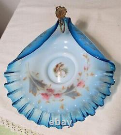 Antique VICTORIAN Opalescent Art Glass CANDY DISH Blue Handpainted Ruffled