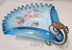 Antique VICTORIAN Opalescent Art Glass CANDY DISH Blue Handpainted Ruffled