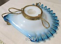 Antique VICTORIAN Opalescent Art Glass CANDY DISH Blue Handpainted Ruffled