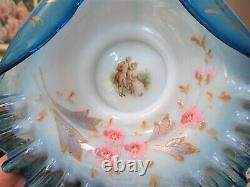 Antique VICTORIAN Opalescent Art Glass CANDY DISH Blue Handpainted Ruffled