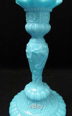 Antique Vallerysthal Portieux French Blue Opaline Glass Chimeres Candlestick