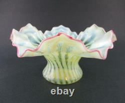 Antique Vaseline Opalescent STRIPED art glass VASE Ruffled Rim, CRANBERRY edge