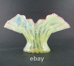 Antique Vaseline Opalescent STRIPED art glass VASE Ruffled Rim, CRANBERRY edge