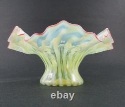 Antique Vaseline Opalescent STRIPED art glass VASE Ruffled Rim, CRANBERRY edge