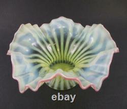 Antique Vaseline Opalescent STRIPED art glass VASE Ruffled Rim, CRANBERRY edge