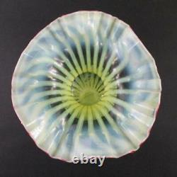 Antique Vaseline Opalescent STRIPED art glass VASE Ruffled Rim, CRANBERRY edge