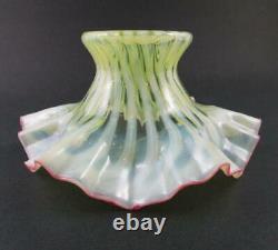 Antique Vaseline Opalescent STRIPED art glass VASE Ruffled Rim, CRANBERRY edge