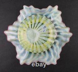 Antique Vaseline Opalescent STRIPED art glass VASE Ruffled Rim, CRANBERRY edge