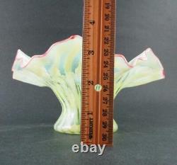 Antique Vaseline Opalescent STRIPED art glass VASE Ruffled Rim, CRANBERRY edge