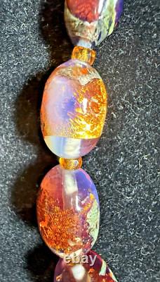Antique Venetian Fire Opalescent Foil Glass Graduating Beads Necklace/ Choker