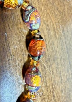 Antique Venetian Fire Opalescent Foil Glass Graduating Beads Necklace/ Choker