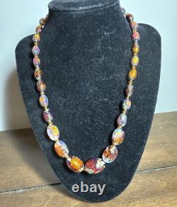 Antique Venetian Fire Opalescent Foil Glass Graduating Beads Necklace/ Choker