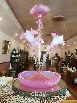 Antique Victorian Art Glass 4 Lily Cranberry Opalescent Epergne Crystal Rigaree