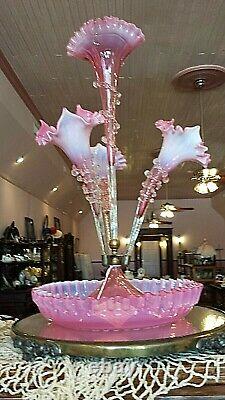 Antique Victorian Art Glass 4 Lily Cranberry Opalescent Epergne Crystal Rigaree