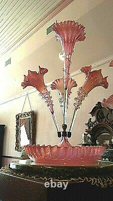 Antique Victorian Art Glass 4 Lily Cranberry Opalescent Epergne Crystal Rigaree