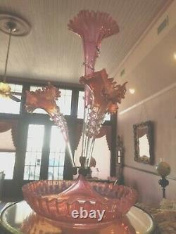 Antique Victorian Art Glass 4 Lily Cranberry Opalescent Epergne Crystal Rigaree