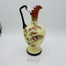 Antique Victorian BOHEMIAN HARRACH Opaline Custard Enameled Glass Pitcher XIX