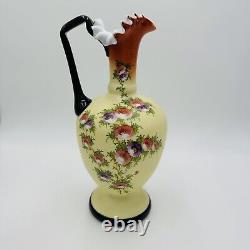 Antique Victorian BOHEMIAN HARRACH Opaline Custard Enameled Glass Pitcher XIX