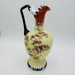 Antique Victorian BOHEMIAN HARRACH Opaline Custard Enameled Glass Pitcher XIX