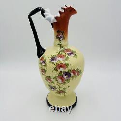 Antique Victorian BOHEMIAN HARRACH Opaline Custard Enameled Glass Pitcher XIX