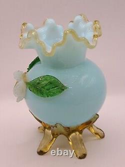 Antique Victorian Bohemian Harrach Blue Art Glass Vase Applied Opalescent Flower