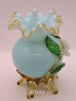 Antique Victorian Bohemian Harrach Blue Art Glass Vase Applied Opalescent Flower
