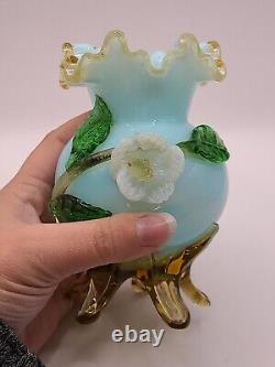 Antique Victorian Bohemian Harrach Blue Art Glass Vase Applied Opalescent Flower