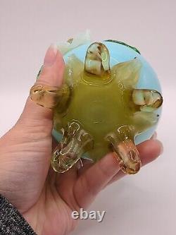 Antique Victorian Bohemian Harrach Blue Art Glass Vase Applied Opalescent Flower