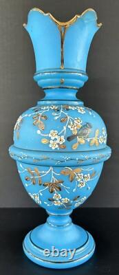 Antique Victorian Bristol Art Glass Vase 12 Blue Opaline Enameled Flowers