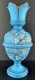 Antique Victorian Bristol Art Glass Vase 12 Blue Opaline Enameled Flowers
