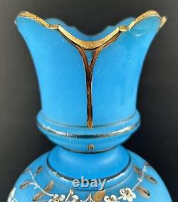 Antique Victorian Bristol Art Glass Vase 12 Blue Opaline Enameled Flowers