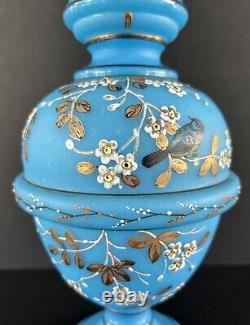 Antique Victorian Bristol Art Glass Vase 12 Blue Opaline Enameled Flowers