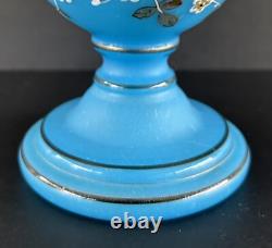Antique Victorian Bristol Art Glass Vase 12 Blue Opaline Enameled Flowers