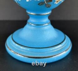 Antique Victorian Bristol Art Glass Vase 12 Blue Opaline Enameled Flowers
