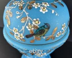 Antique Victorian Bristol Art Glass Vase 12 Blue Opaline Enameled Flowers