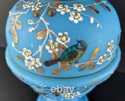 Antique Victorian Bristol Art Glass Vase 12 Blue Opaline Enameled Flowers
