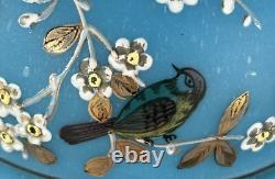 Antique Victorian Bristol Art Glass Vase 12 Blue Opaline Enameled Flowers