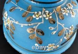 Antique Victorian Bristol Art Glass Vase 12 Blue Opaline Enameled Flowers
