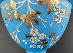 Antique Victorian Bristol Art Glass Vase 12 Blue Opaline Enameled Flowers