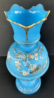 Antique Victorian Bristol Art Glass Vase 12 Blue Opaline Enameled Flowers