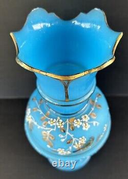 Antique Victorian Bristol Art Glass Vase 12 Blue Opaline Enameled Flowers