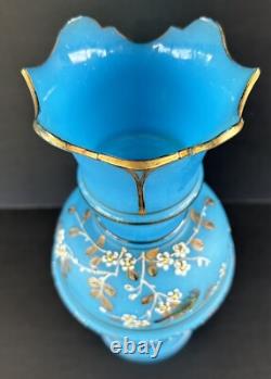 Antique Victorian Bristol Art Glass Vase 12 Blue Opaline Enameled Flowers