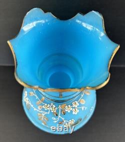 Antique Victorian Bristol Art Glass Vase 12 Blue Opaline Enameled Flowers
