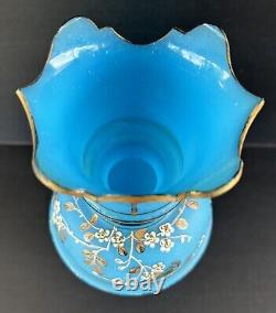 Antique Victorian Bristol Art Glass Vase 12 Blue Opaline Enameled Flowers