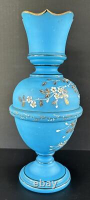 Antique Victorian Bristol Art Glass Vase 12 Blue Opaline Enameled Flowers