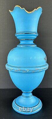 Antique Victorian Bristol Art Glass Vase 12 Blue Opaline Enameled Flowers
