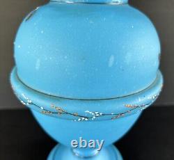 Antique Victorian Bristol Art Glass Vase 12 Blue Opaline Enameled Flowers