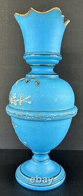 Antique Victorian Bristol Art Glass Vase 12 Blue Opaline Enameled Flowers