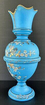 Antique Victorian Bristol Art Glass Vase 12 Blue Opaline Enameled Flowers